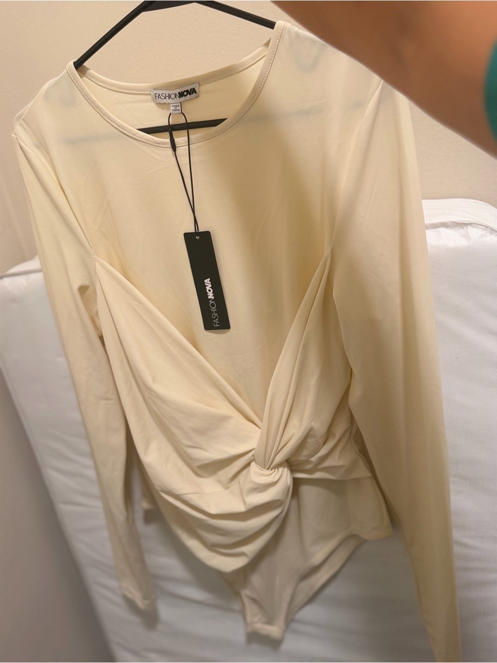 Fashion Nova Cream Twist-Front Long Sleeve Bodysuit
